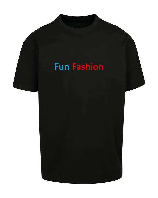 Camiseta negra oversize con el logo de Fun Fashion. DTF a todo color en el pecho (simulación)
