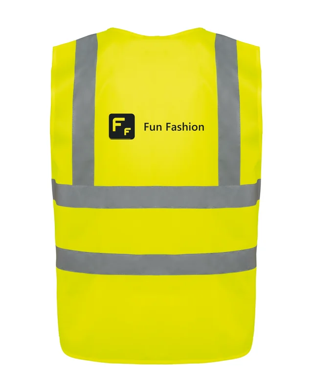 Chaleco de alta visibilidad con el logo de Fun Fashion. Serigrafía en la espalda (simulación)